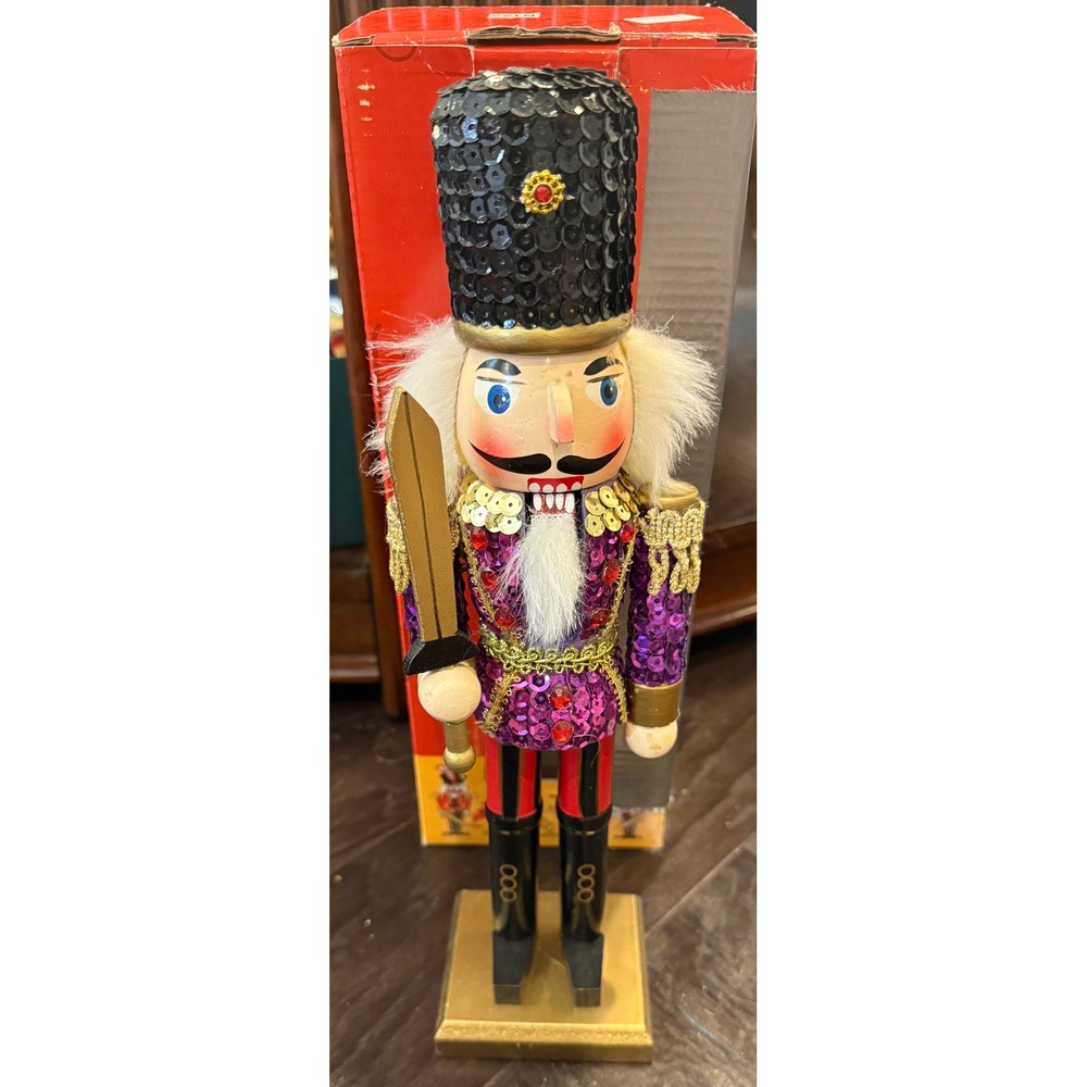 Nutcracker Purple Sequin Soldier Holiday Decor Gold Sword Christmas 12 Inch